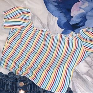 Rainbow striped off the shoulder crop top